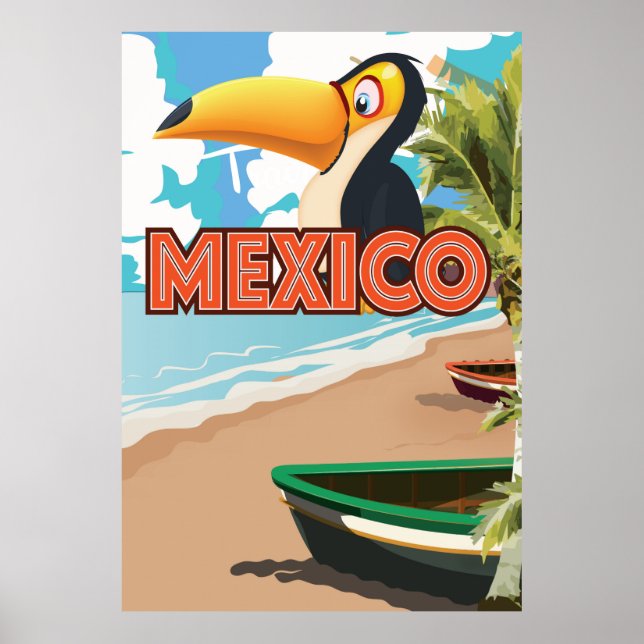 Póster Cartaz de viagem da praia do Tucano Mexicano. (Frente)