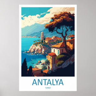 Poster Cartaz de Viagem de Antalya Turquia Vintage Esqui