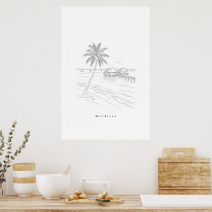 Poster Cartaz de Viagem de Arte de Linha de Praia Minimal