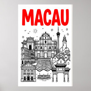 Poster Cartaz de Viagem de Macau, Silhueta Ousada Vermelh