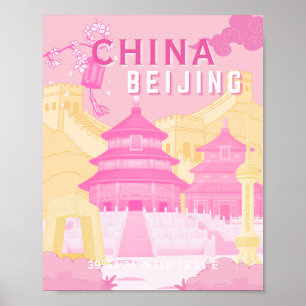 Poster Cartaz de Viagem de Pequim China   Arte Rosa e Ama