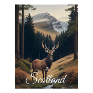 Póster Cartaz de Viagem de Veado na Floresta da Escócia