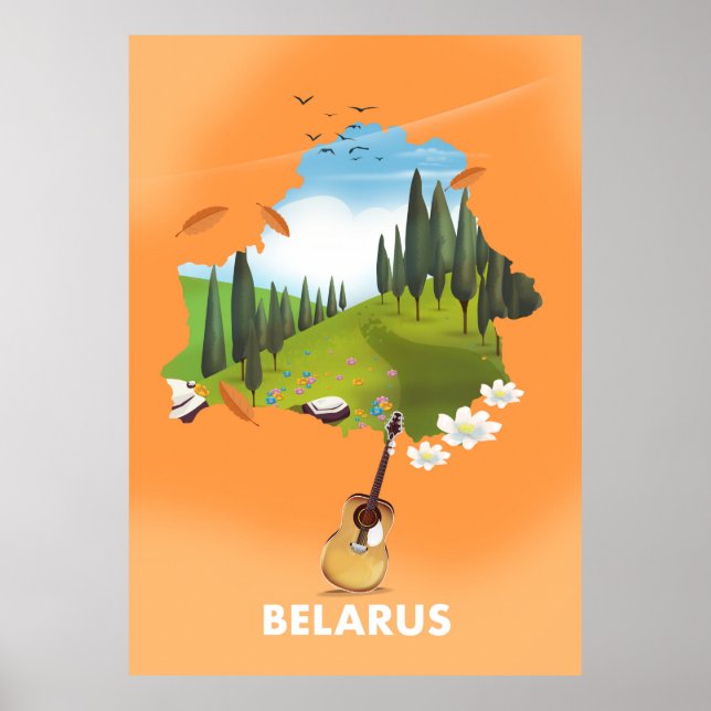 Poster Cartaz de viagem do mapa da Bielorrússia. (Frente)
