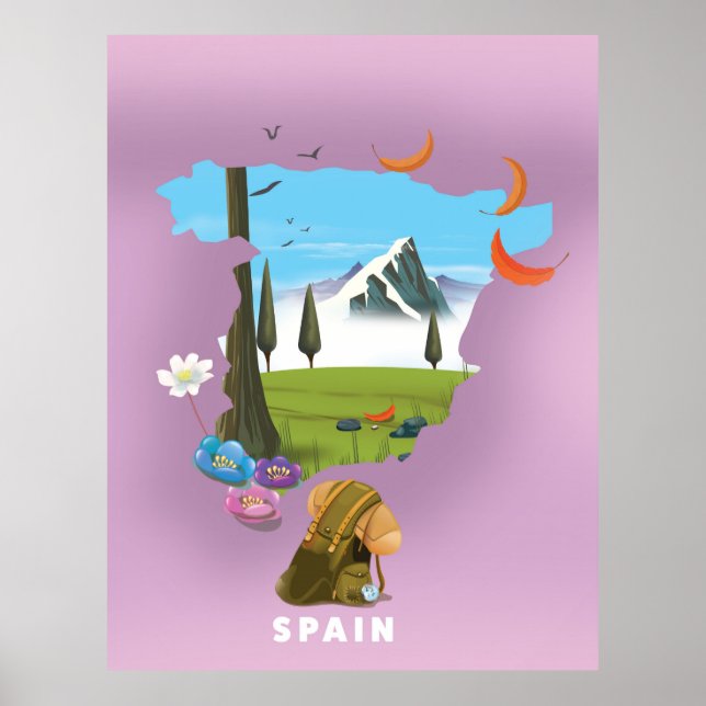 Poster cartaz de viagem do mapa ilustrado da Espanha (Frente)