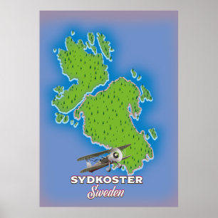 Poster Cartaz de viagem do mapa vintage Sydkoster Suécia.