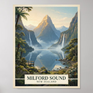 Poster Cartaz de Viagem do Milford Sound Vintage Nova Zel