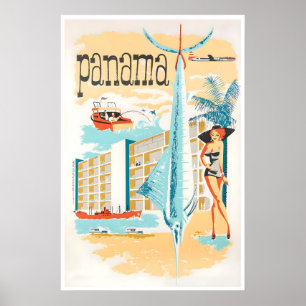 Poster Cartaz de Viagem do Panamá Arte de Pesca Marlin Ce