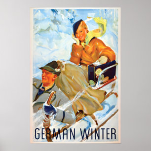 Poster Cartaz de viagem dos anos 1930 Esqui salto de esqu