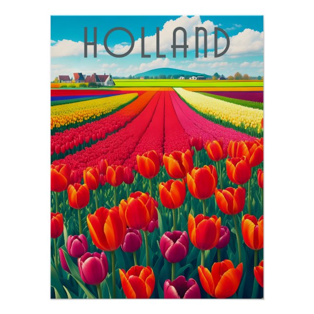 Póster Cartaz de Viagem dos Campos de Tulipas da Holanda (Frente)