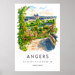 Poster Cartaz de Viagem em Aquarela de Angers Esqui Vinta