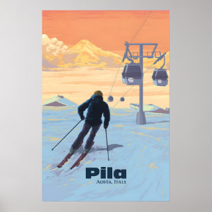 Poster Cartaz de Viagem Estância de Esqui Pila Aosta Itál