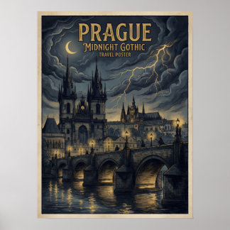 Poster Cartaz de Viagem Gótico de Meia-Noite de Praga, Re