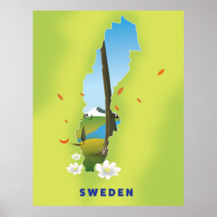 Poster Cartaz de viagem ilustrado do mapa da Suécia.