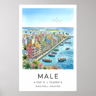 Poster Cartaz de Viagem Maldivas, Paisagem Urbana Ilustra