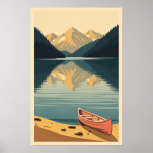 Poster Cartaz de Viagem Retro Lago Alpino e Canoa Coral