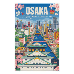Póster Cartaz de Viagem Retro Osaka Japão Arte Vintage