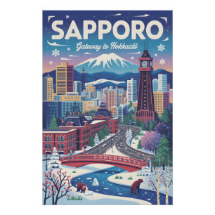 Póster Cartaz de Viagem Retro Sapporo Japão   Arte Vintag