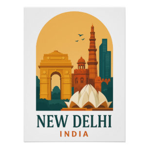 Póster Cartaz de Viagem Retro Vintage Nova Deli Índia