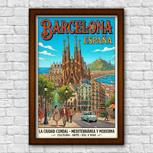 Poster Cartaz de Viagem Vintage Barcelona, Espanha, Anos