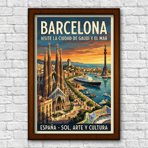 Poster Cartaz de Viagem Vintage Barcelona, Espanha, Anos