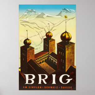 Poster Cartaz de Viagem Vintage Brig Suíça Valais Alpes
