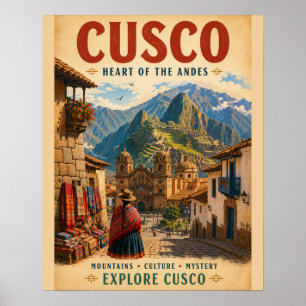Poster Cartaz de Viagem Vintage Cusco Peru com Montanha A