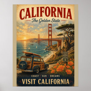 Poster Cartaz de Viagem Vintage da Califórnia com Golden 