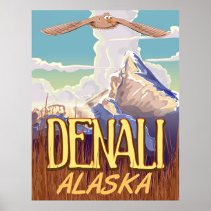Póster Cartaz de viagem vintage de desenho animado Denali