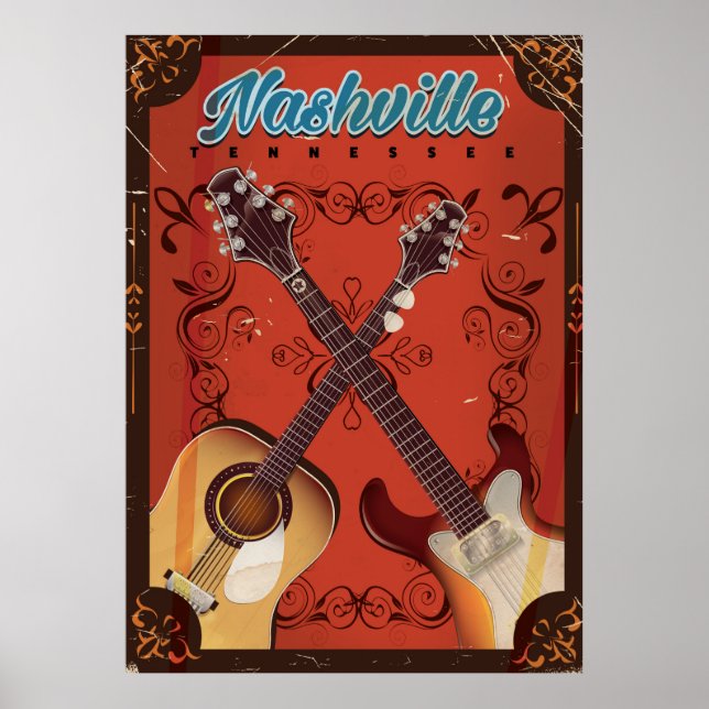 Poster Cartaz de viagem vintage de guitarra de Nashville, (Frente)