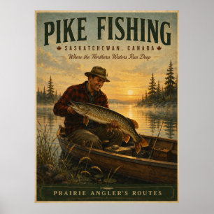 Poster Cartaz de Viagem Vintage de Pesca de Lúcio de Sask