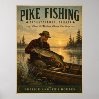 Poster Cartaz de Viagem Vintage de Pesca de Lúcio de Sask