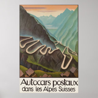 Poster Cartaz de Viagem Vintage dos Alpes Suíços Autocarr