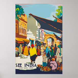 Poster Cartaz de Viagem Vintage Índia Cena de Rua de Laho