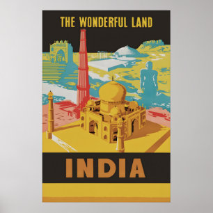 Poster Cartaz de Viagem Vintage Índia Taj Mahal Qutub Min