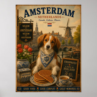 Poster Cartaz de Viagem Vintage Kooikerhondje em Amsterdã