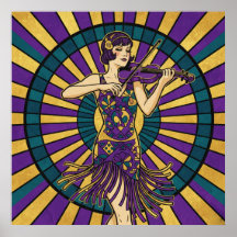 Cartaz de Violinista Art Déco Roxo e Dourado Flapp