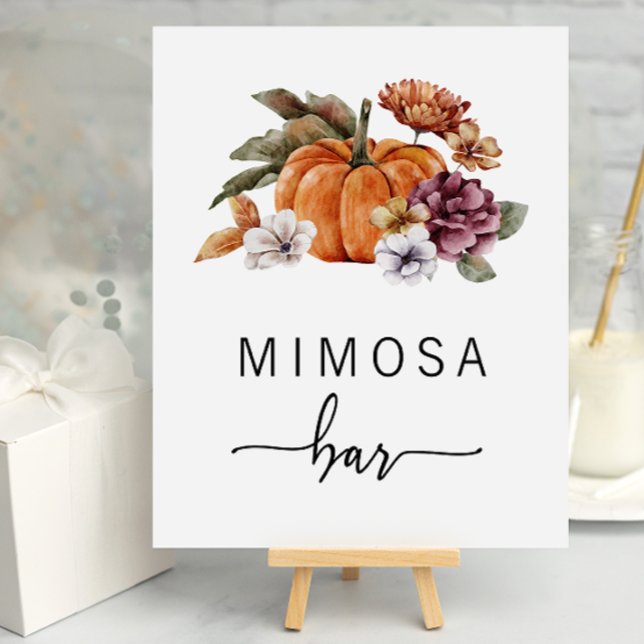 Poster Cartaz do Bar Mimosa de Outono (Mimosa Bar Sign Bridal Shower Fall In Love Pumpkin Watercolor Floral by Painted Paperie)
