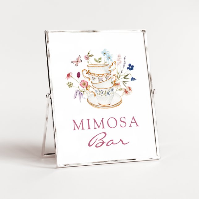 Poster Cartaz do Bar Mimosa Rosa (Floral Tea Cup Pink Mimosa Bar Poster with Butterfly by Painted Paperie
)