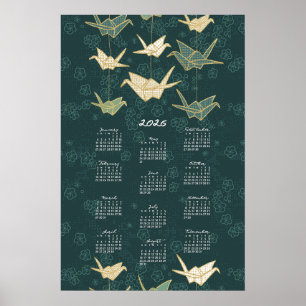 Poster Cartaz do Calendário de 2026 origami Grous Verde e