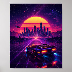 Poster Cartaz do Carro Neon Futurista Retro da Cidade
