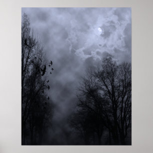 Póster Cartaz do Céu de Halloween com Névoa Azul de Corvo