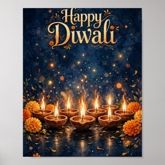 Poster Cartaz do Festival Diwali com Diyas Iluminados