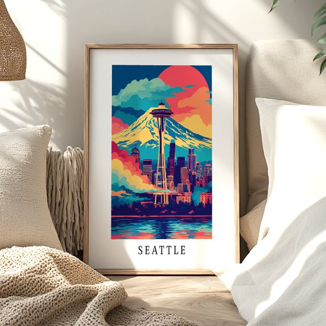Poster Cartaz do horizonte de Seattle com a agulha espaci (Criador carregado)