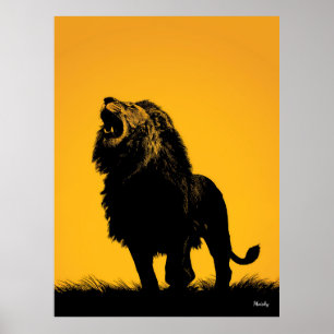 Poster Cartaz do Leão Rugindo – Silhueta Preta no Amarelo