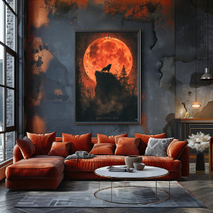 Poster Cartaz do Lobo Uivando com Lua de Sangue e Florest