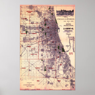 Poster Cartaz do Mapa Antigo de Chicago