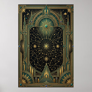 Poster Cartaz do Mapa Celeste Estelar Art Déco   Dourado 