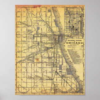 Poster Cartaz do Mapa Ferroviário Detalhado Antigo de Chi