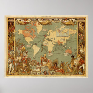 Póster Cartaz do Mapa Mundial do Império Britânico de 188
