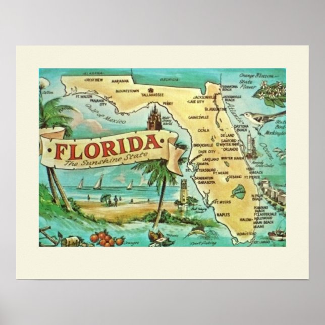 Poster Cartaz do Mapa Retro da Flórida (Frente)
